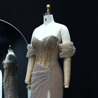 Luxury Crystal Silver Evening Dress with Sleeves Slit SS426
