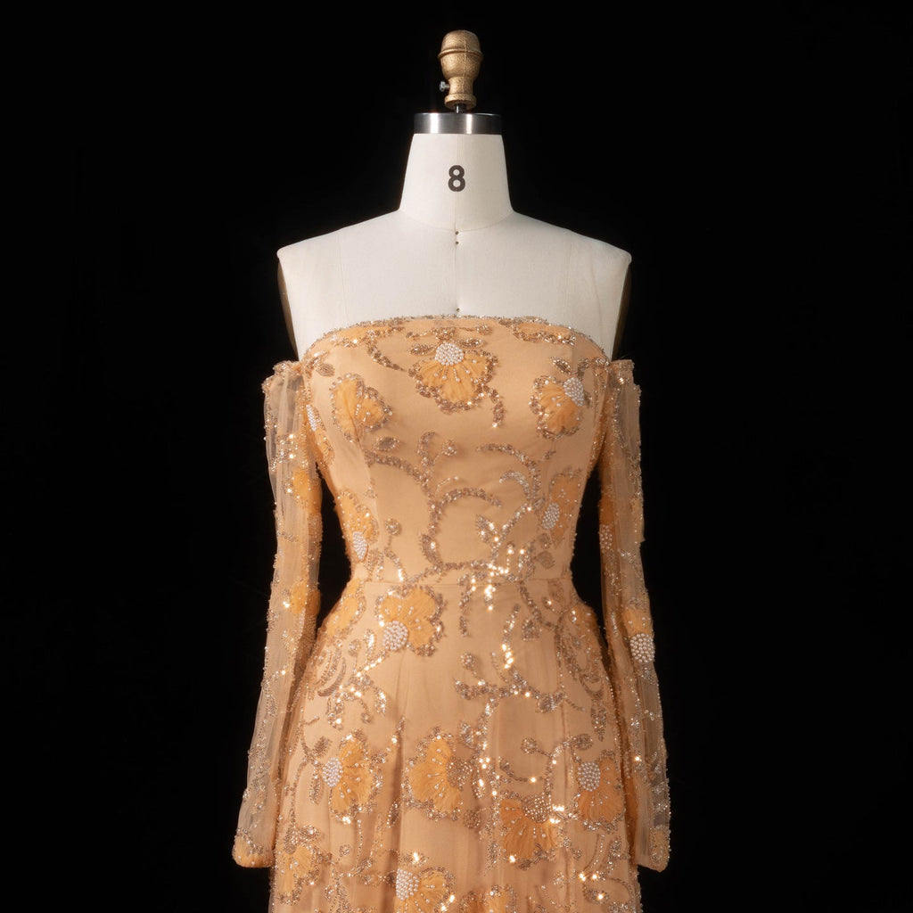 Elegant Pink Long Sleeve Beaded Embroidered Evening Dress SS638