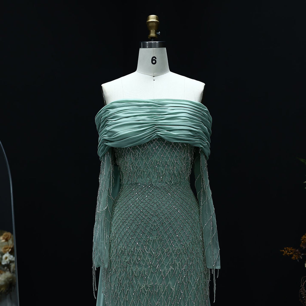 Luxury Tassel Lilac Off Shoulder Evening Dress with Cape SS708