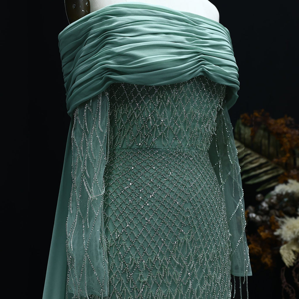 Luxury Tassel Lilac Off Shoulder Evening Dress with Cape SS708