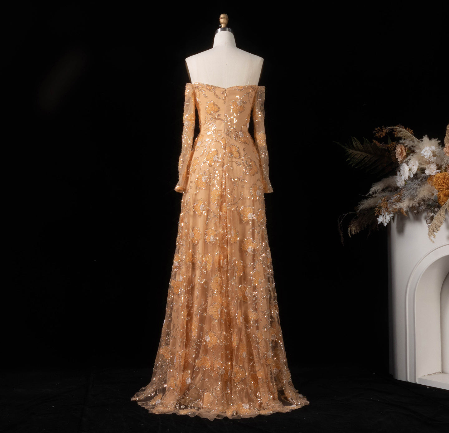 Elegant Pink Long Sleeve Beaded Embroidered Evening Dress SS638