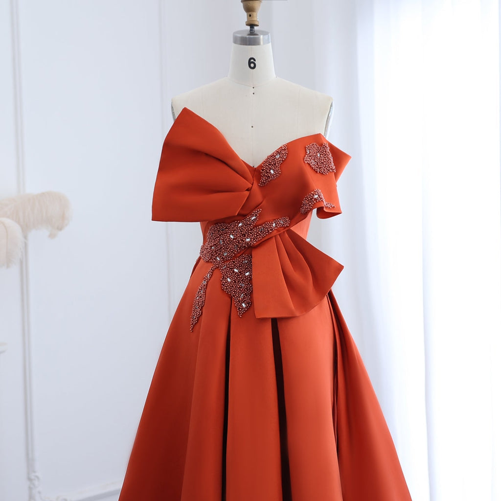 Elegant Beaded Orange A-Line Strapless Satin Evening Dress SS338