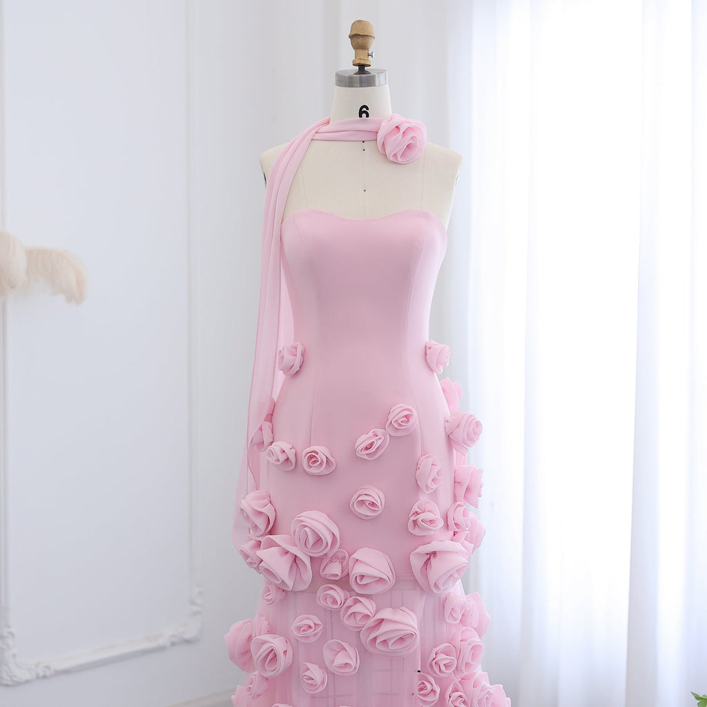 Chic Pink 3D Flowers Strapless Mermaid Evening Dress Side Slit SS207
