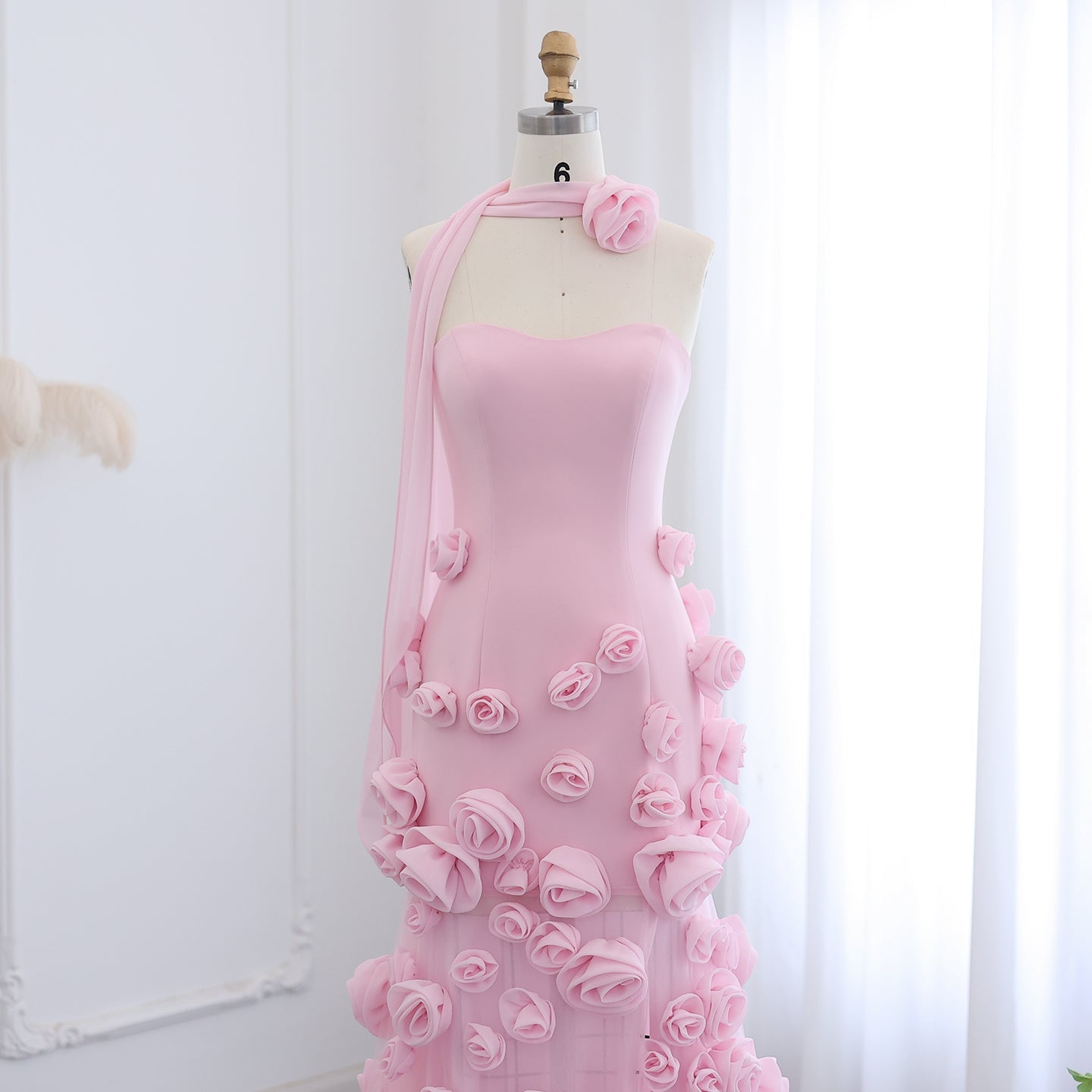 Chic Pink 3D Flowers Strapless Mermaid Evening Dress Side Slit SS207