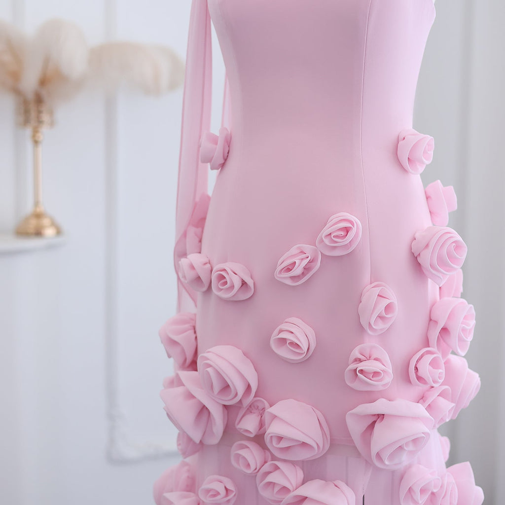 Chic Pink 3D Flowers Strapless Mermaid Evening Dress Side Slit SS207