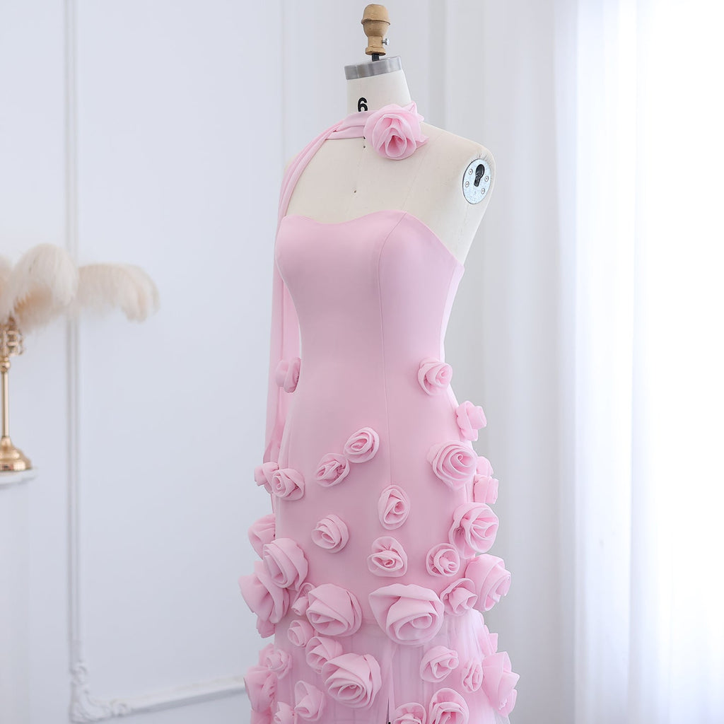 Chic Pink 3D Flowers Strapless Mermaid Evening Dress Side Slit SS207