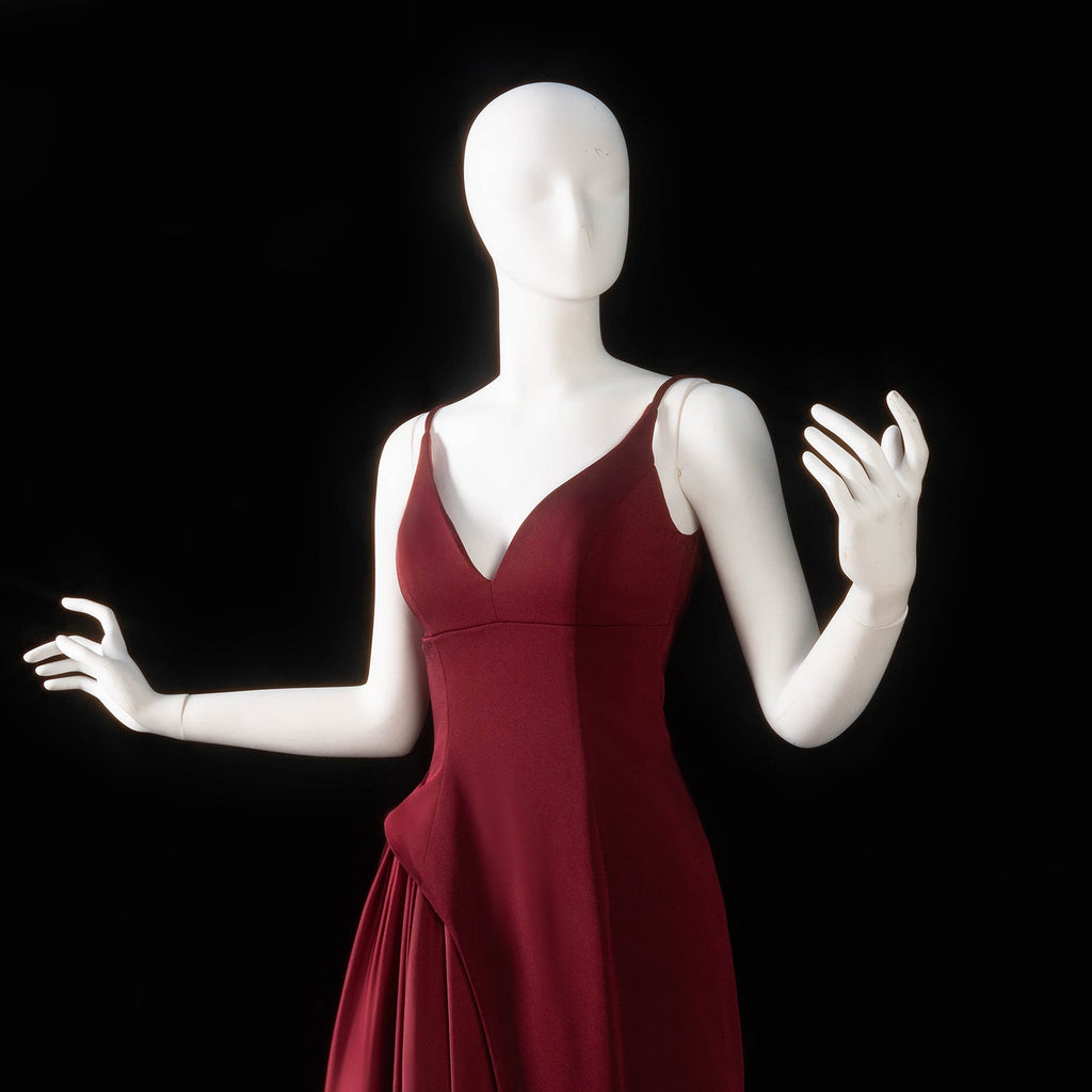 Stunning Deep V Burgundy Satin Train Formal Evening Dress SF330