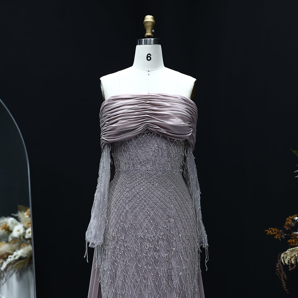 Luxury Tassel Lilac Off Shoulder Evening Dress with Cape SS708