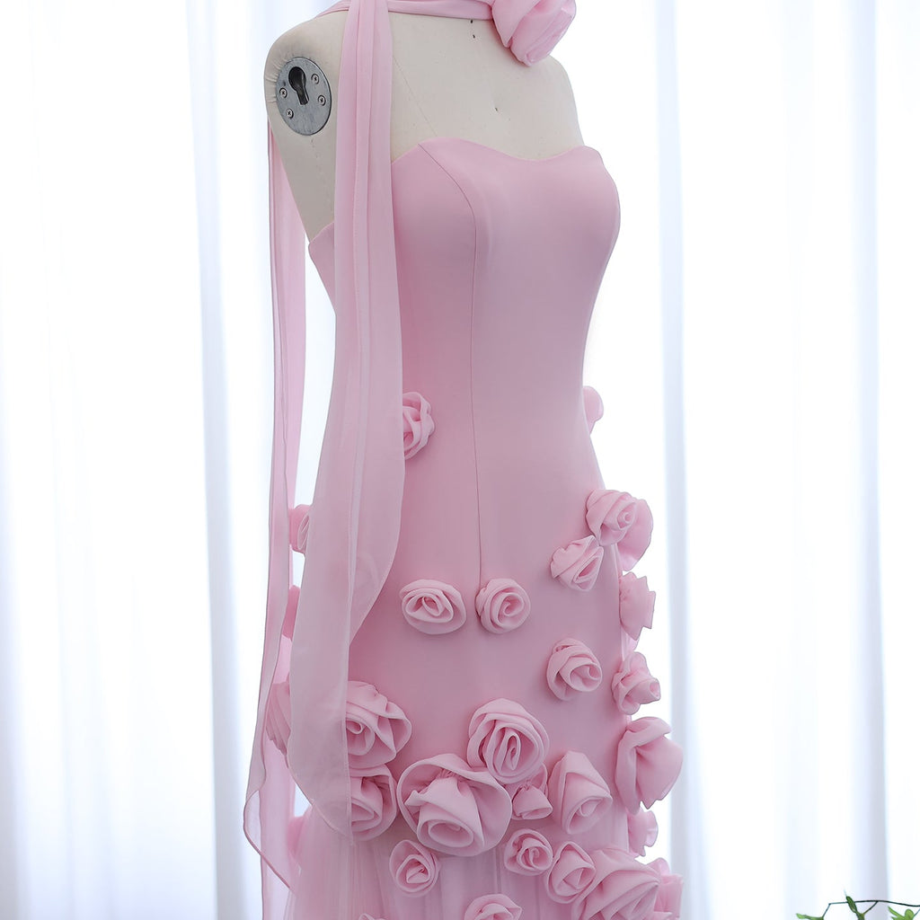 Chic Pink 3D Flowers Strapless Mermaid Evening Dress Side Slit SS207