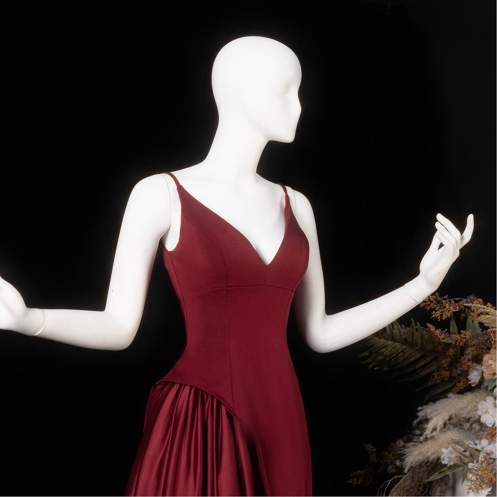 Stunning Deep V Burgundy Satin Train Formal Evening Dress SF330
