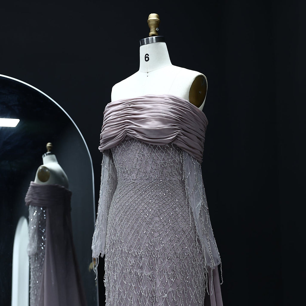Luxury Tassel Lilac Off Shoulder Evening Dress with Cape SS708