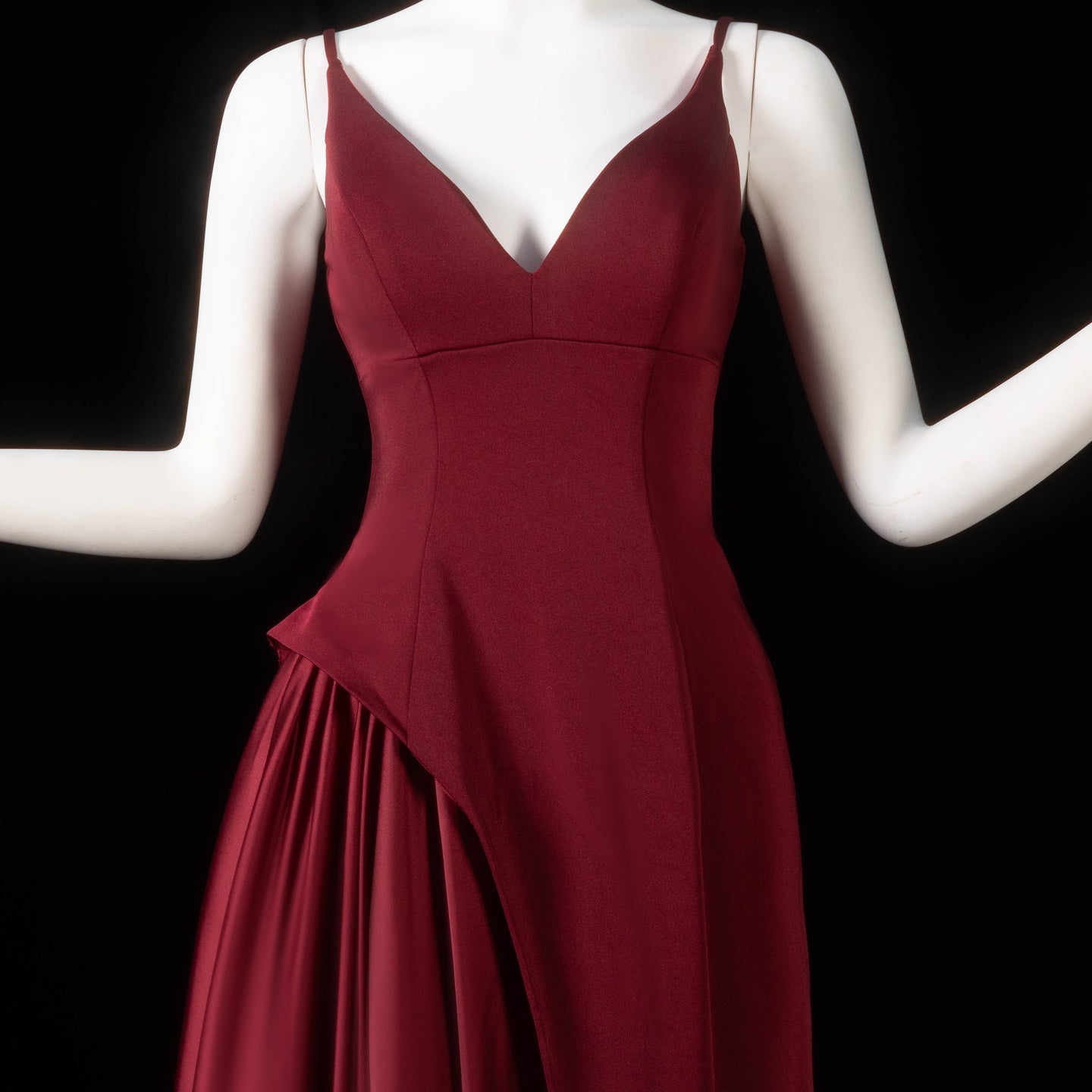 Stunning Deep V Burgundy Satin Train Formal Evening Dress SF330