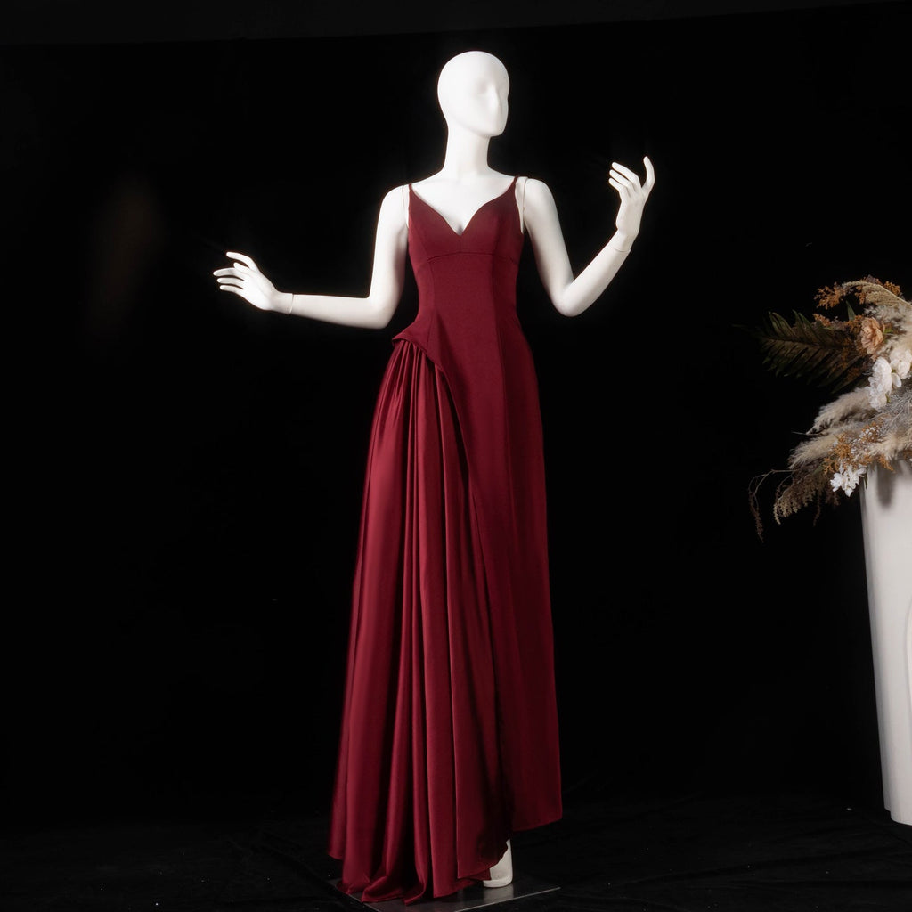 Stunning Deep V Burgundy Satin Train Formal Evening Dress SF330