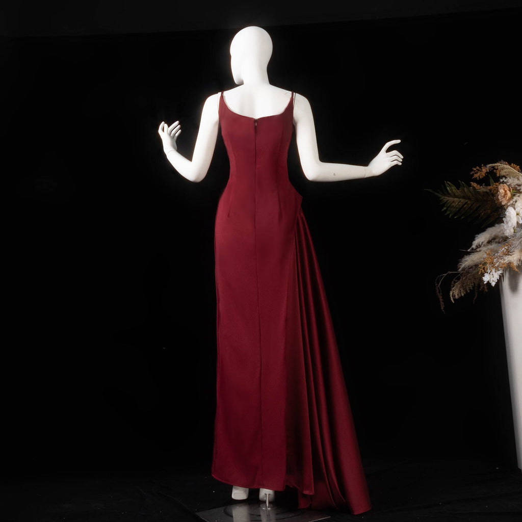 Stunning Deep V Burgundy Satin Train Formal Evening Dress SF330