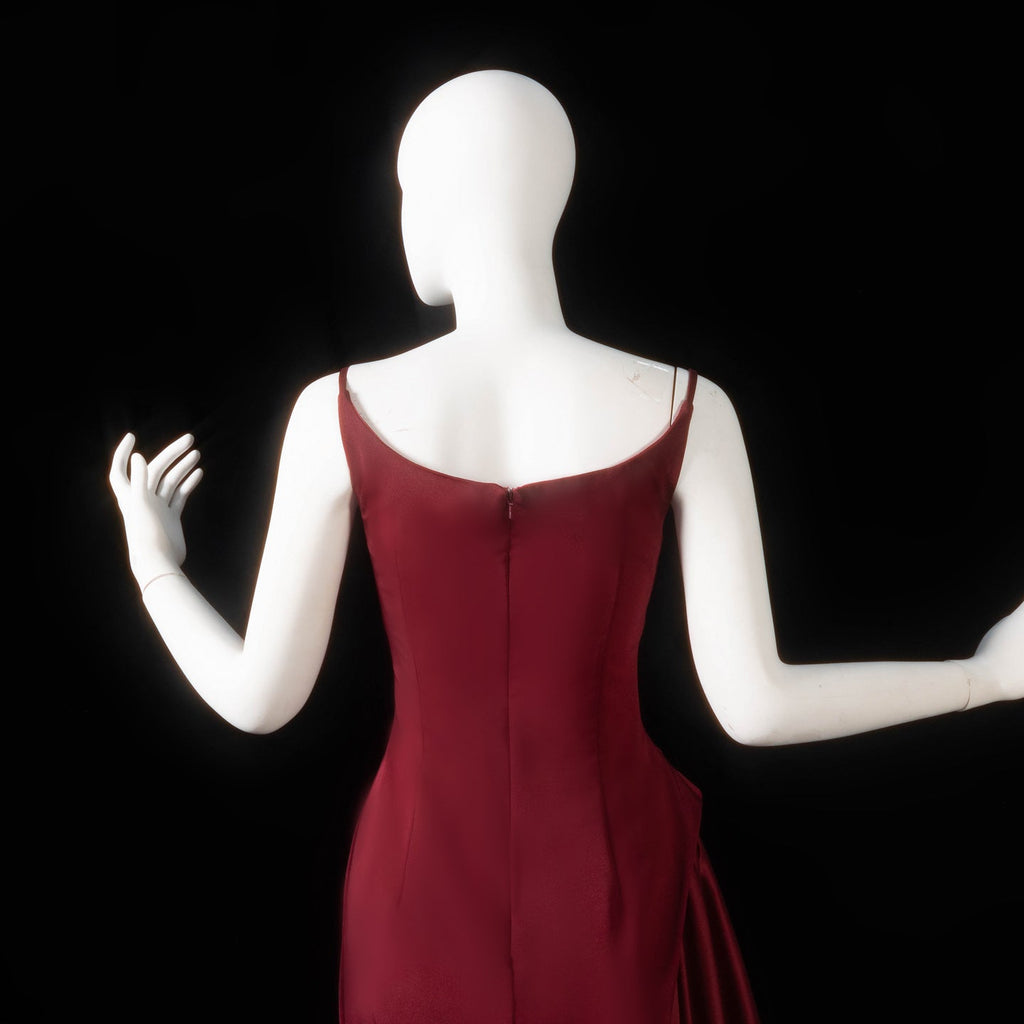 Stunning Deep V Burgundy Satin Train Formal Evening Dress SF330