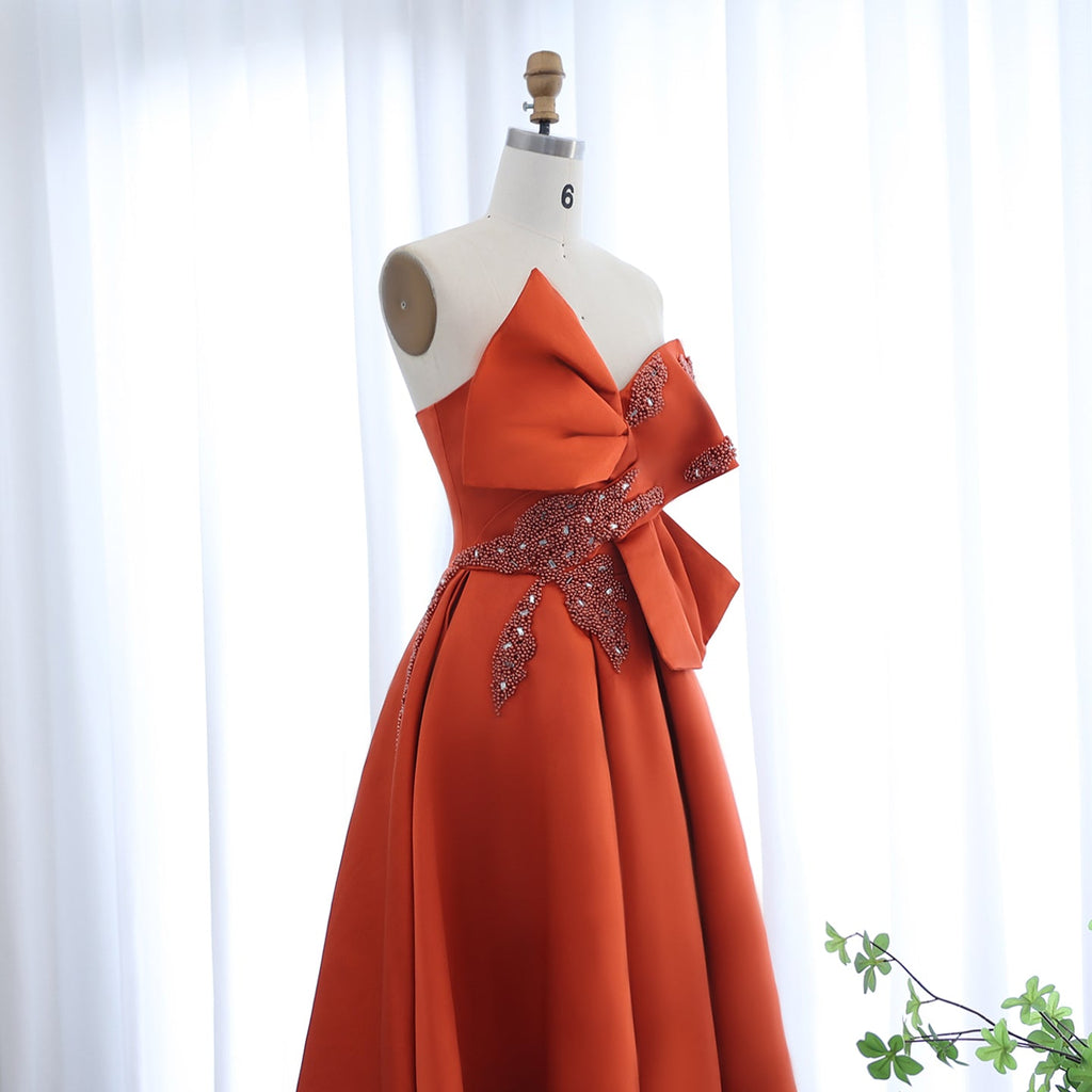 Elegant Beaded Orange A-Line Strapless Satin Evening Dress SS338