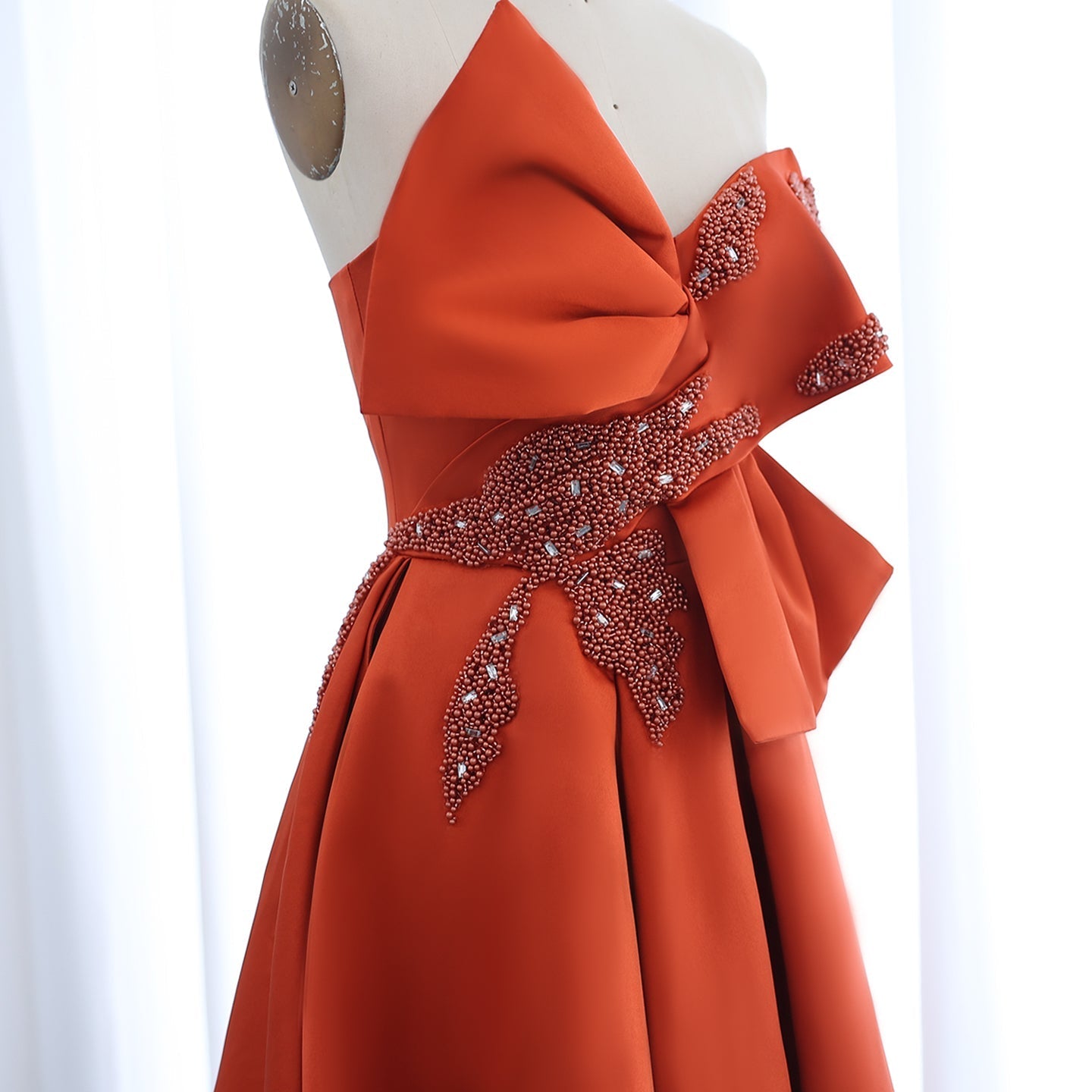 Elegant Beaded Orange A-Line Strapless Satin Evening Dress SS338