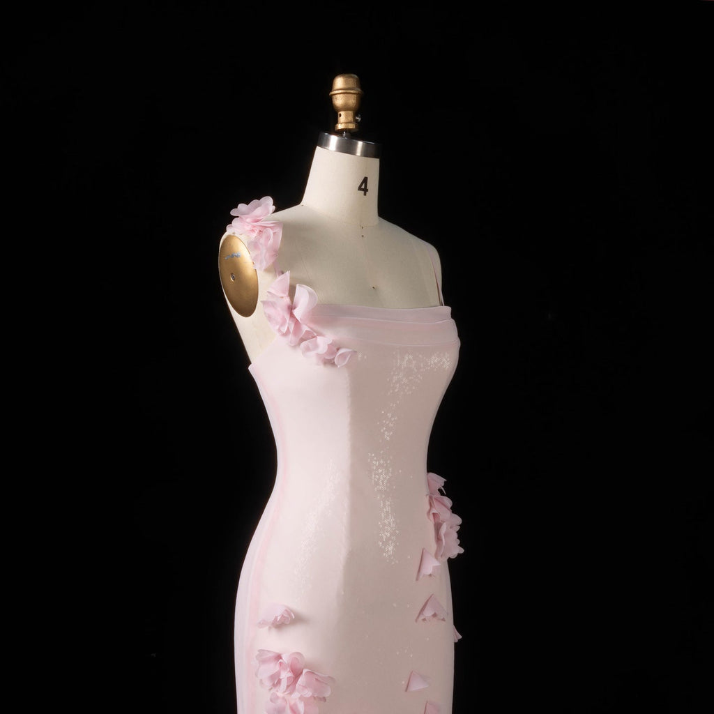 Luxury Light Yellow 3D Floral Sequin Spaghetti Strap Evening Dress SF438