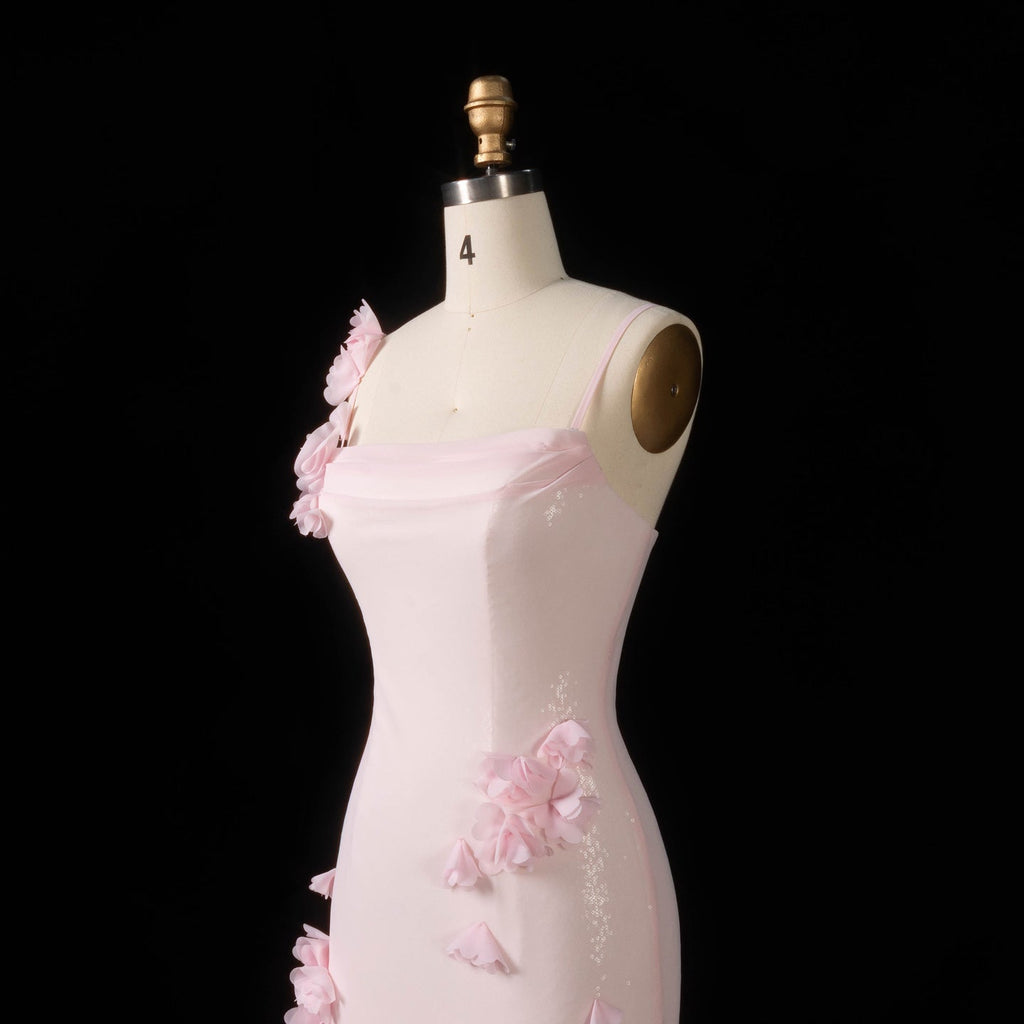 Luxury Light Yellow 3D Floral Sequin Spaghetti Strap Evening Dress SF438