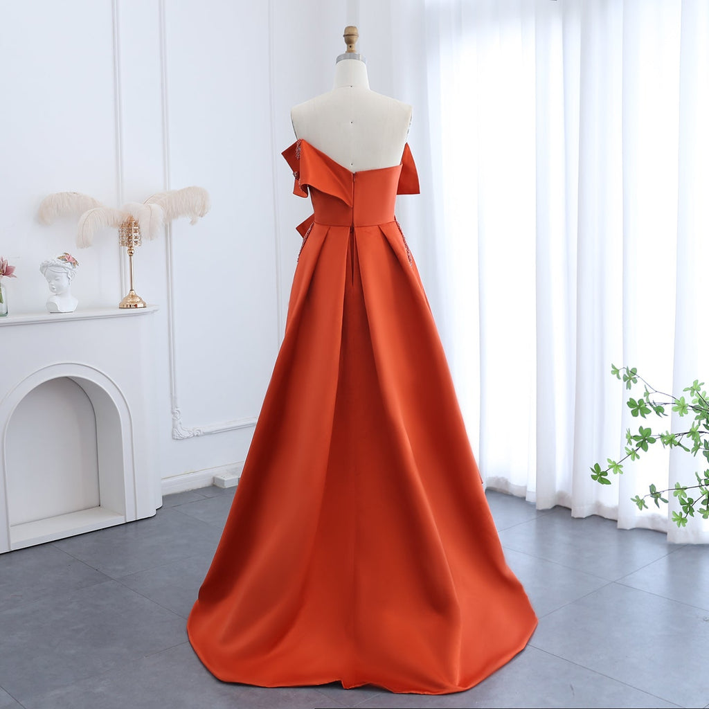 Elegant Beaded Orange A-Line Strapless Satin Evening Dress SS338