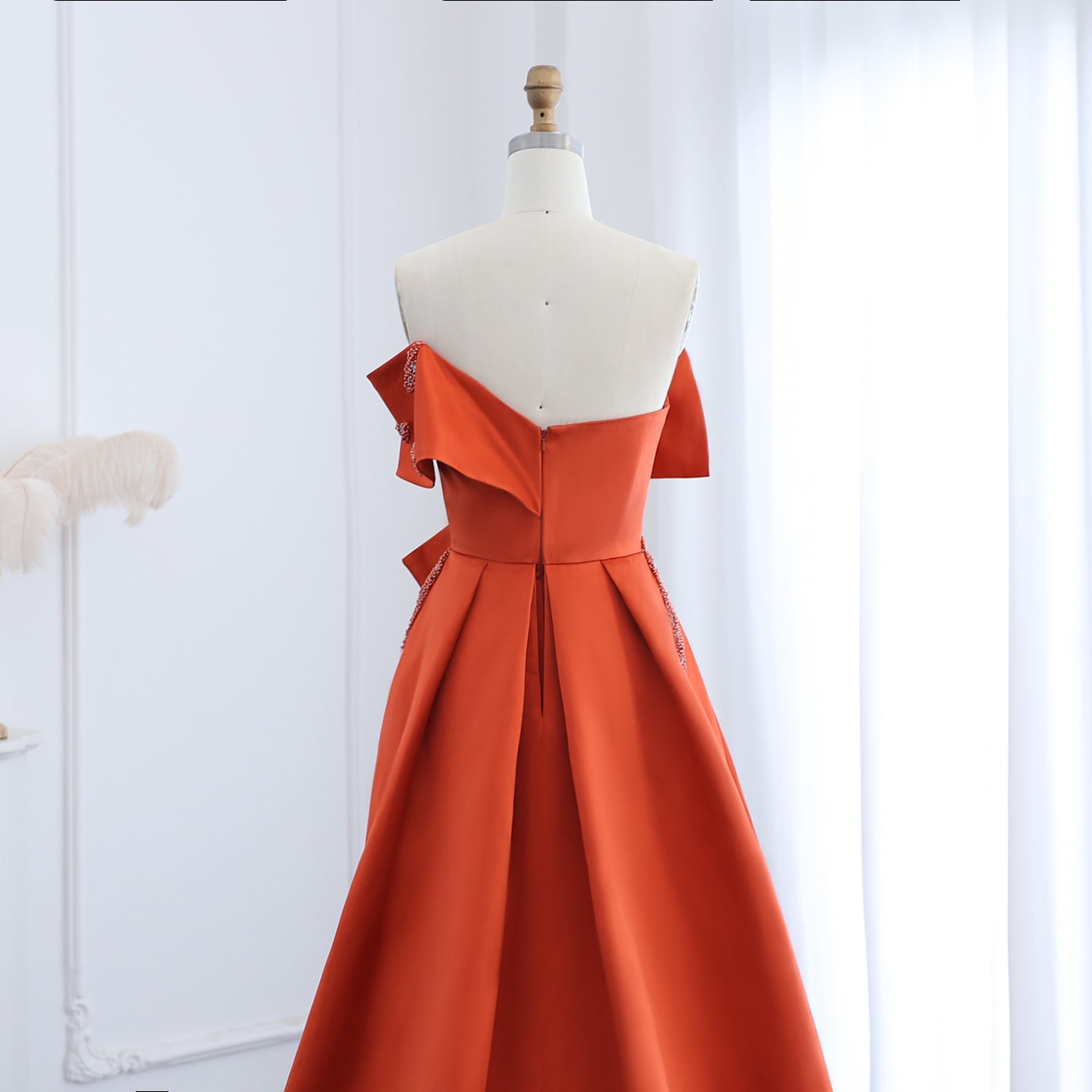 Elegant Beaded Orange A-Line Strapless Satin Evening Dress SS338