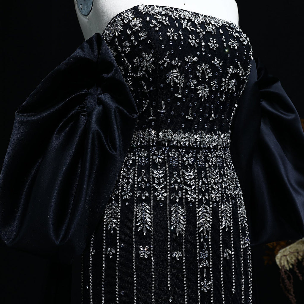 Luxury Crystal Tassel Black Evening Dress with Straps / Cape SS294
