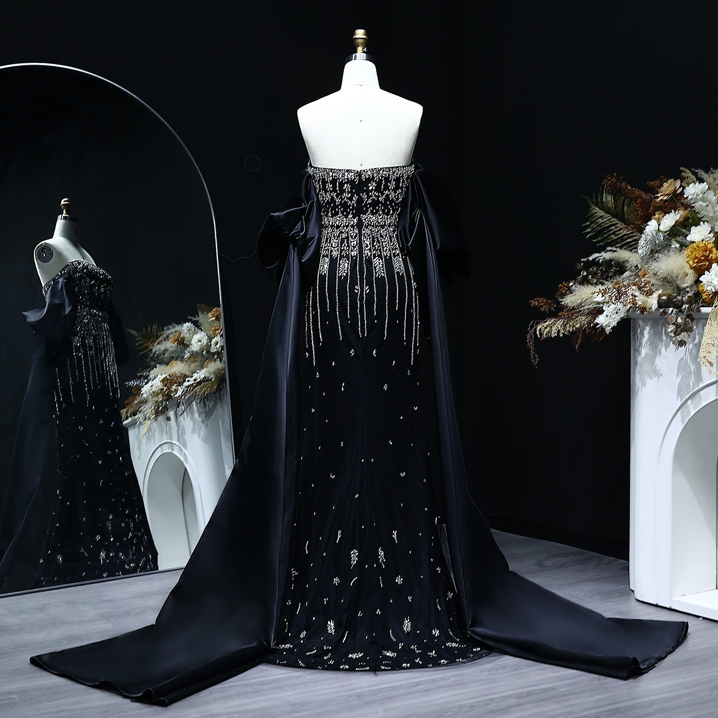 Luxury Crystal Tassel Black Evening Dress with Straps / Cape SS294