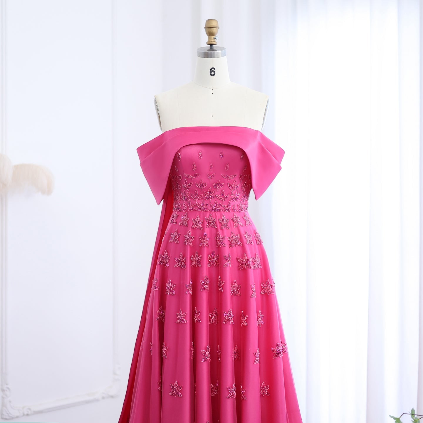 Elegant Beaded Yellow Satin Evening Dress with Cape SS455