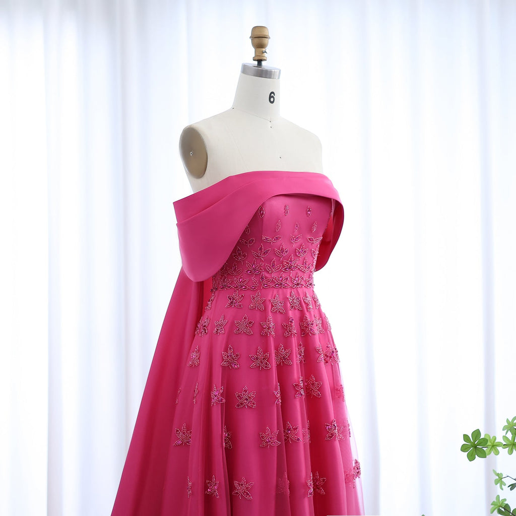 Elegant Beaded Yellow Satin Evening Dress with Cape SS455