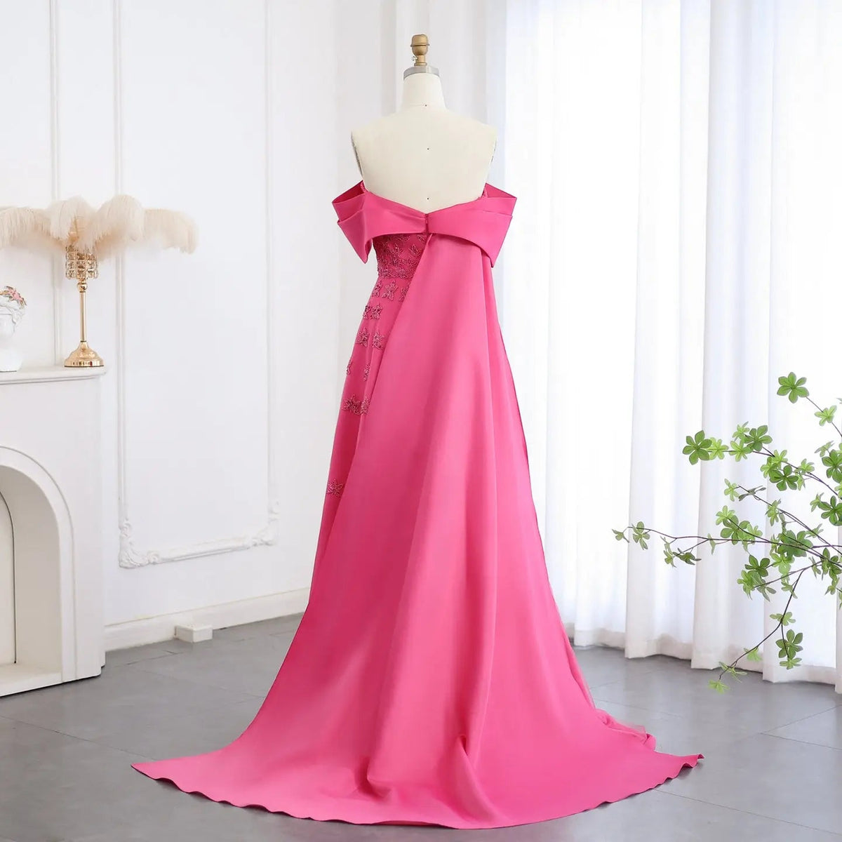 Luxury Yellow Off Shoulder Evening Dress with Cape Train SS455