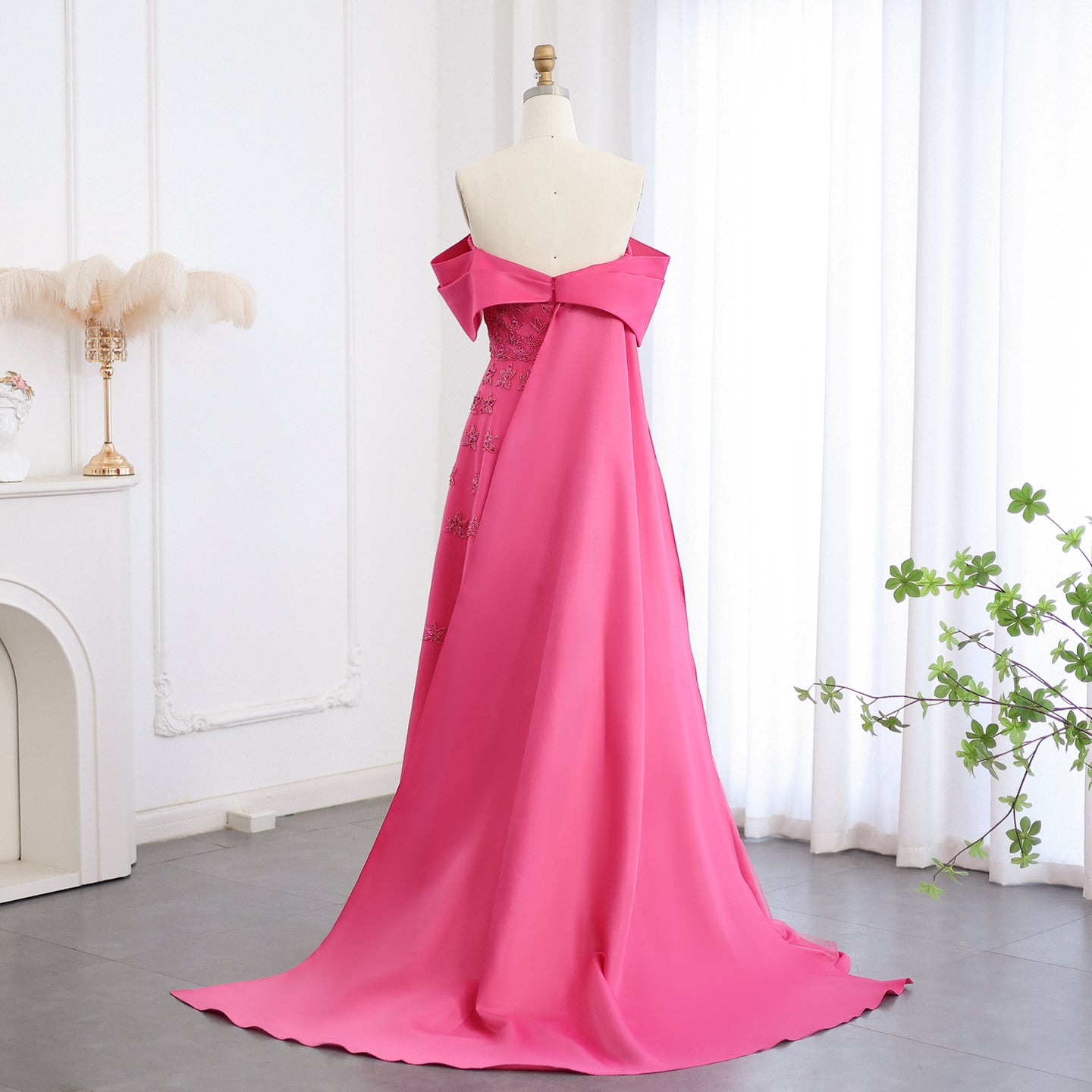 Elegant Beaded Yellow Satin Evening Dress with Cape SS455
