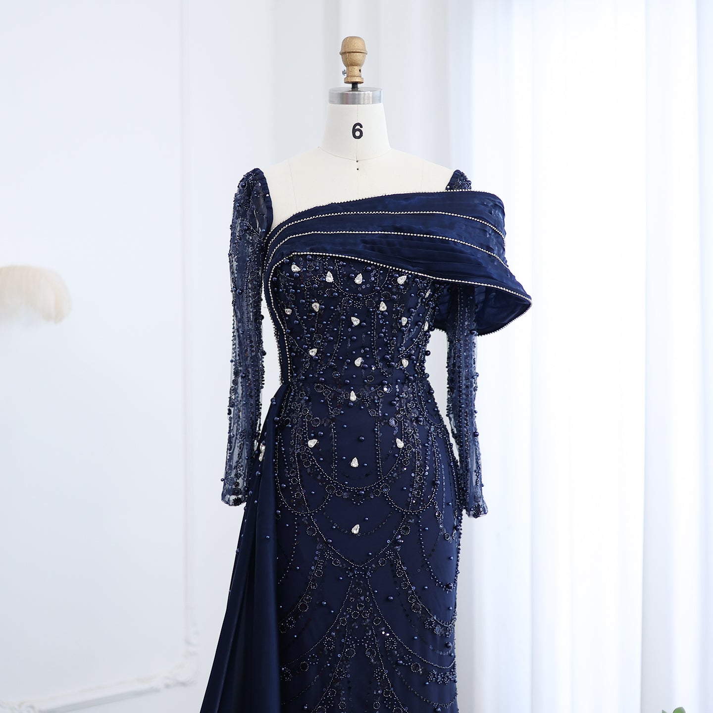 Luxury Nude Crystal Mermaid Long Sleeves Evening Dress with Overskirt SS256
