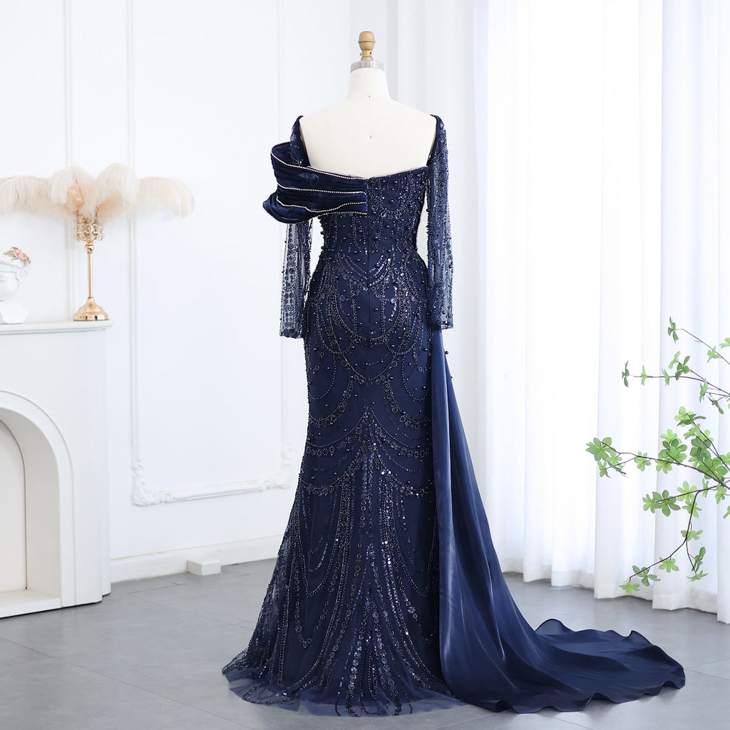 Luxury Nude Crystal Mermaid Long Sleeves Evening Dress with Overskirt SS256