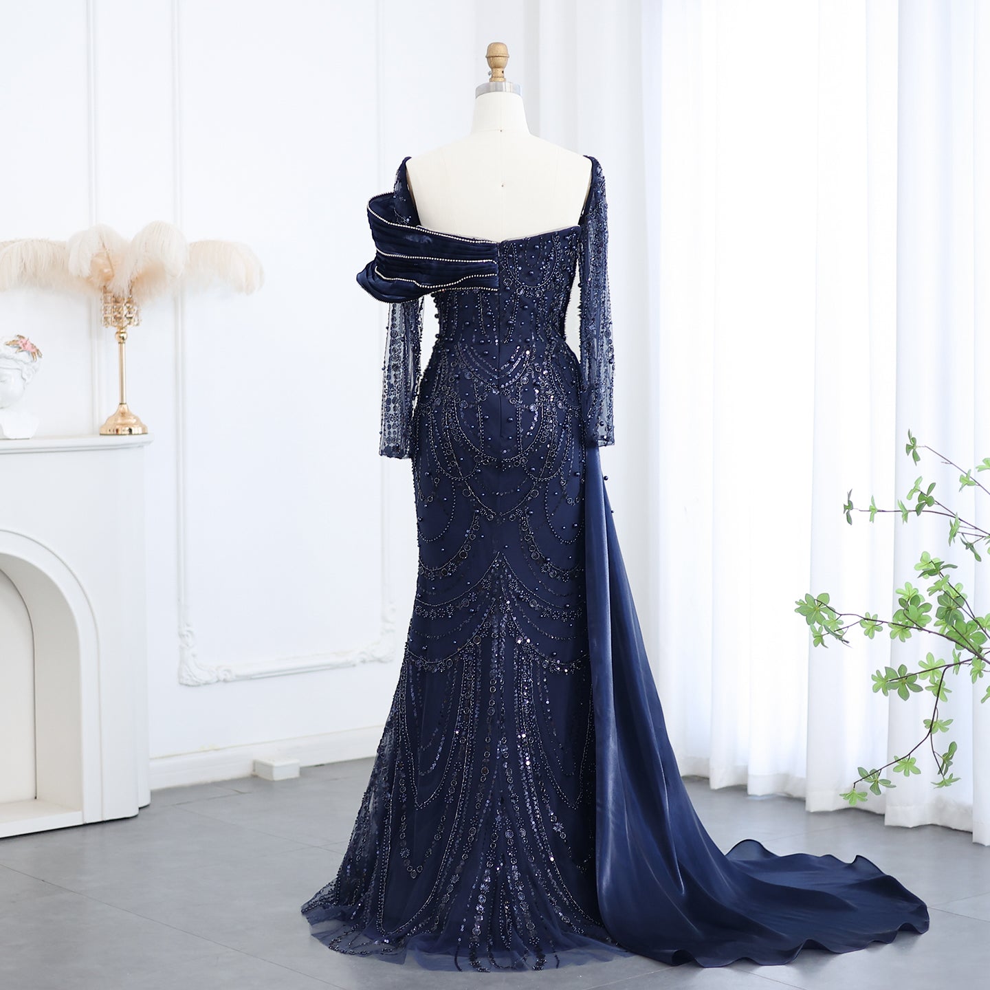 Luxury Nude Crystal Mermaid Long Sleeves Evening Dress with Overskirt SS256