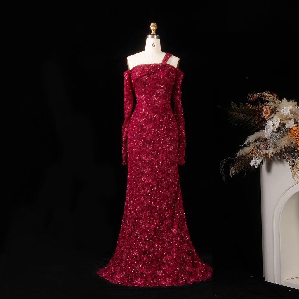 Luxury Wine Red Sequin Off-the-Shoulder Lace Mermaid Evening Dress SF459
