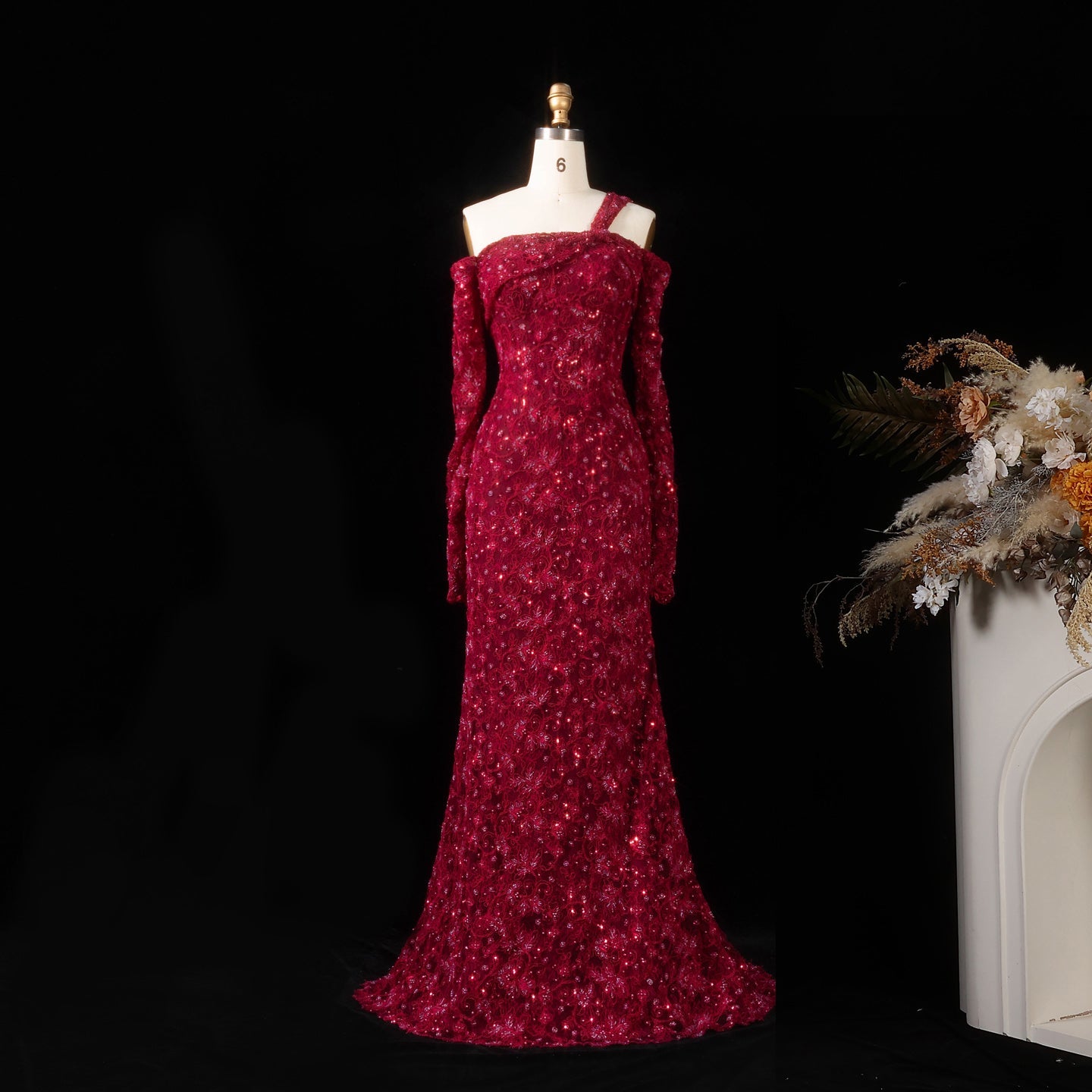 Luxury Wine Red Sequin Off-the-Shoulder Lace Mermaid Evening Dress SF459