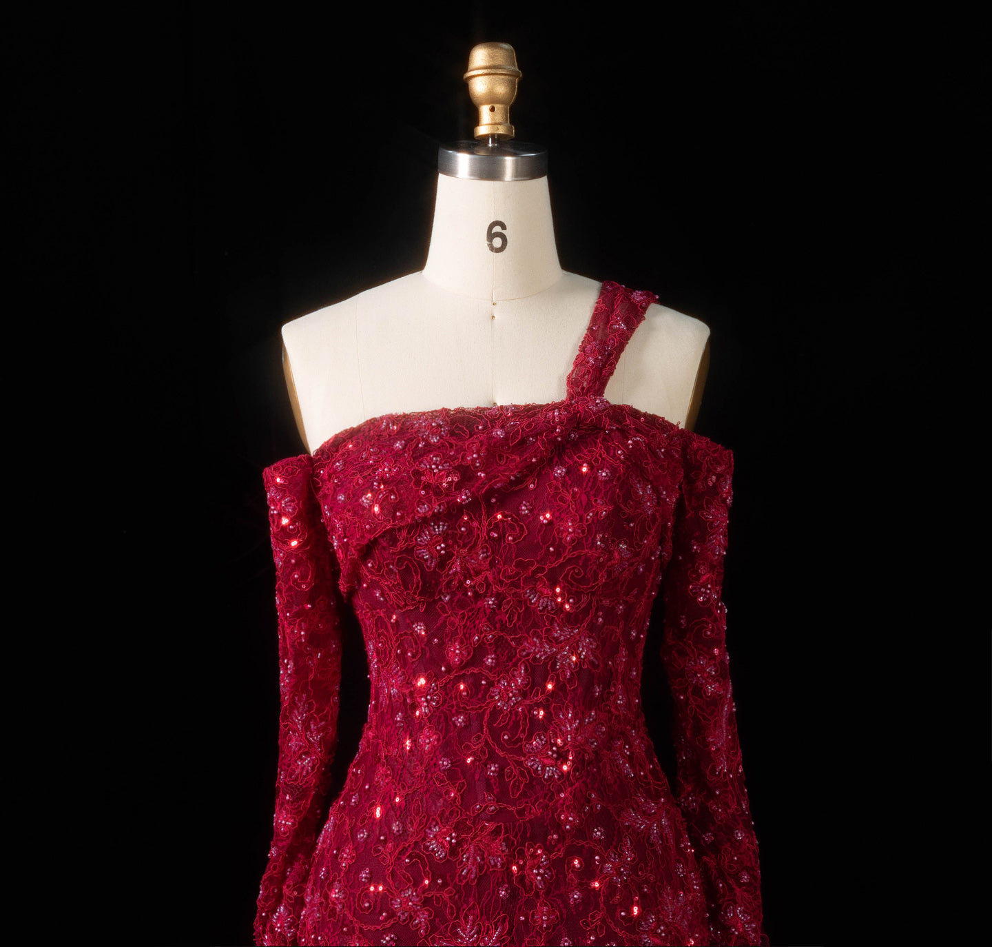Luxury Wine Red Sequin Off-the-Shoulder Lace Mermaid Evening Dress SF459