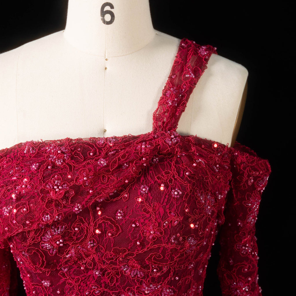 Luxury Wine Red Sequin Off-the-Shoulder Lace Mermaid Evening Dress SF459