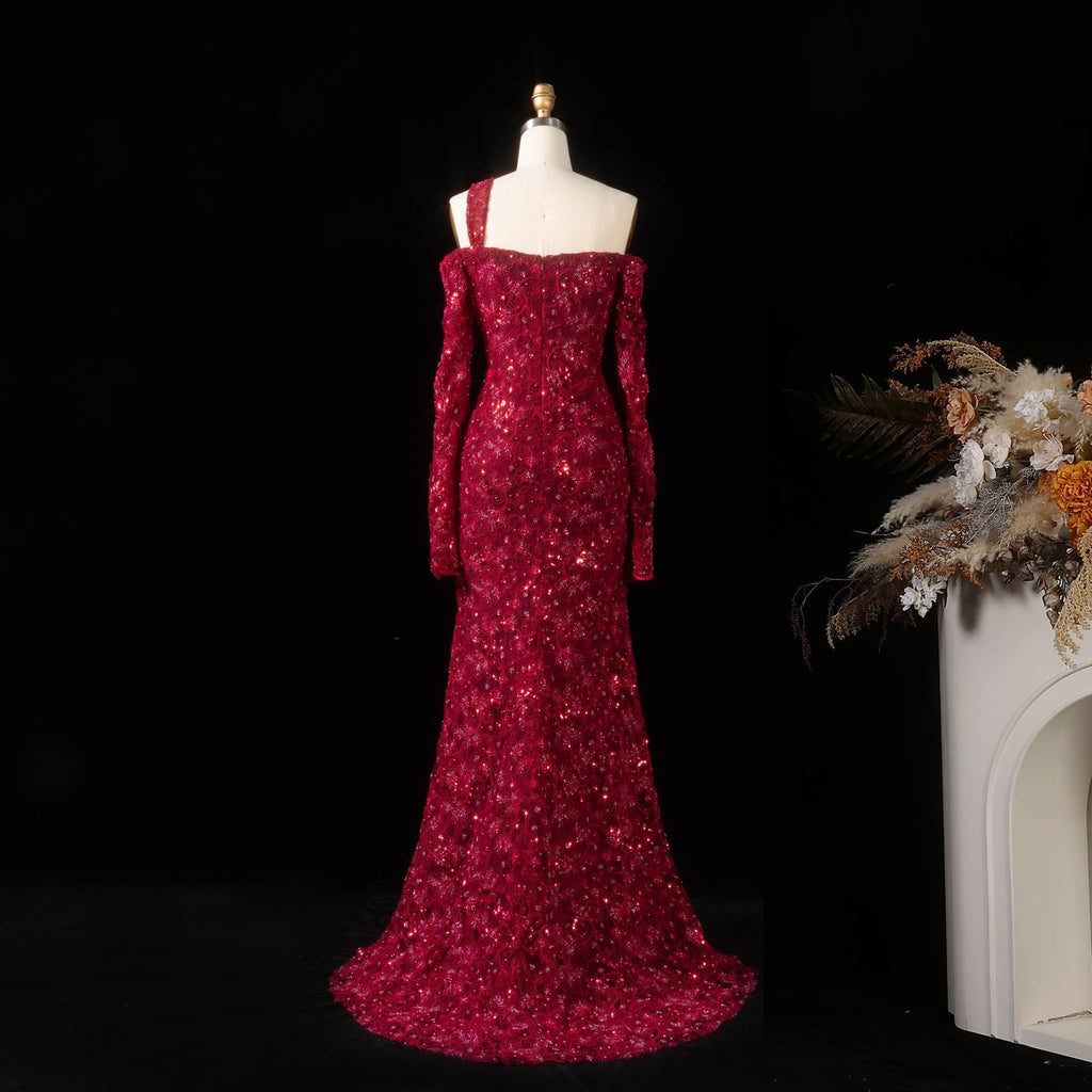 Luxury Wine Red Sequin Off-the-Shoulder Lace Mermaid Evening Dress SF459