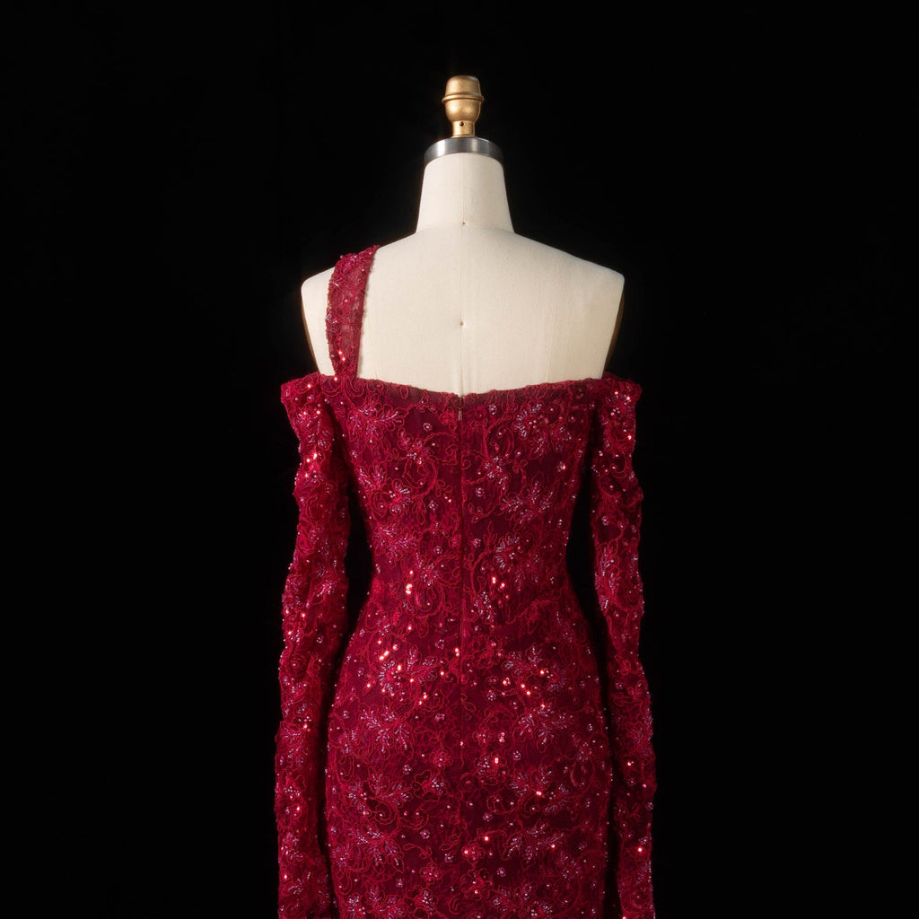 Luxury Wine Red Sequin Off-the-Shoulder Lace Mermaid Evening Dress SF459