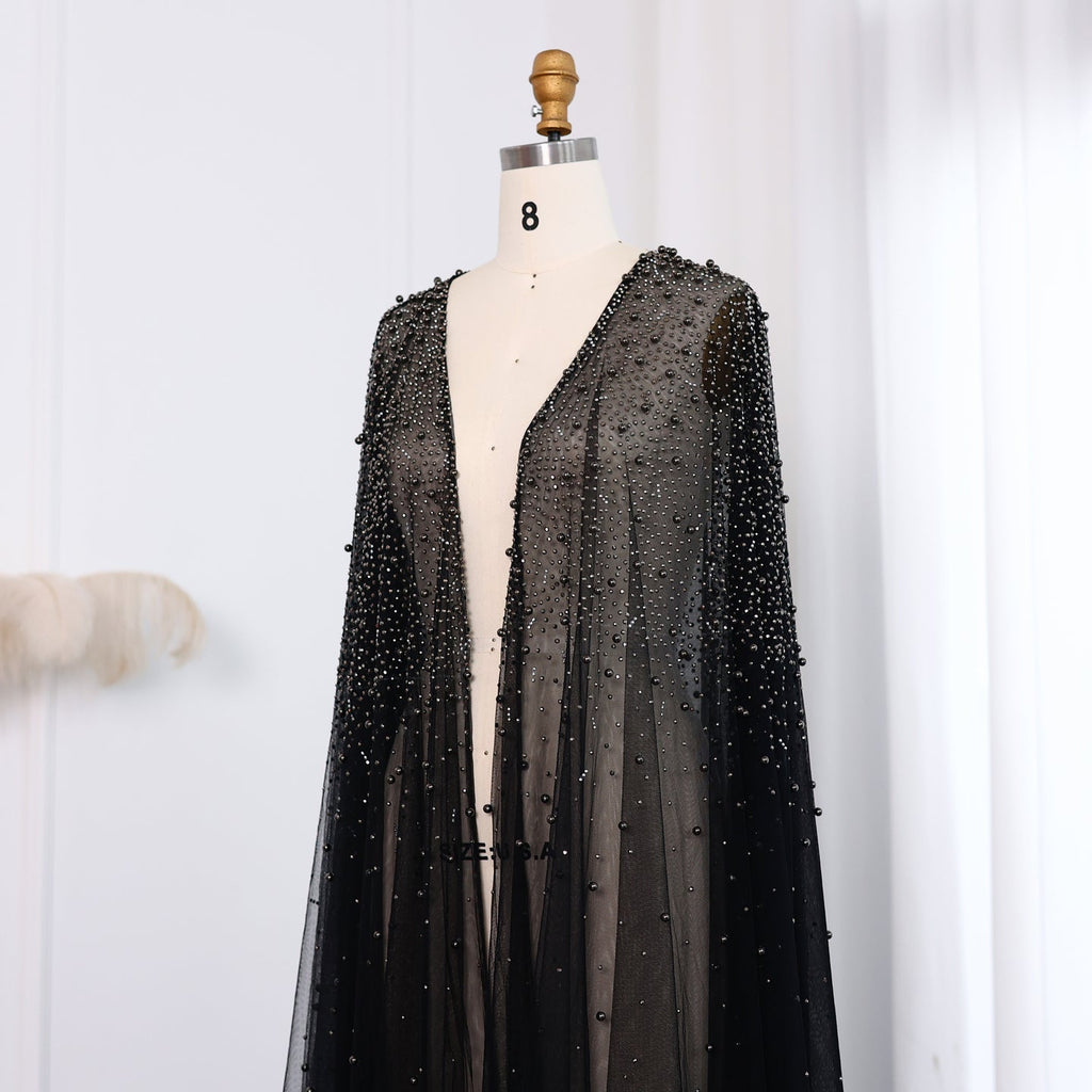 Elegant Black Beaded Long Cape Evening Dress SF082