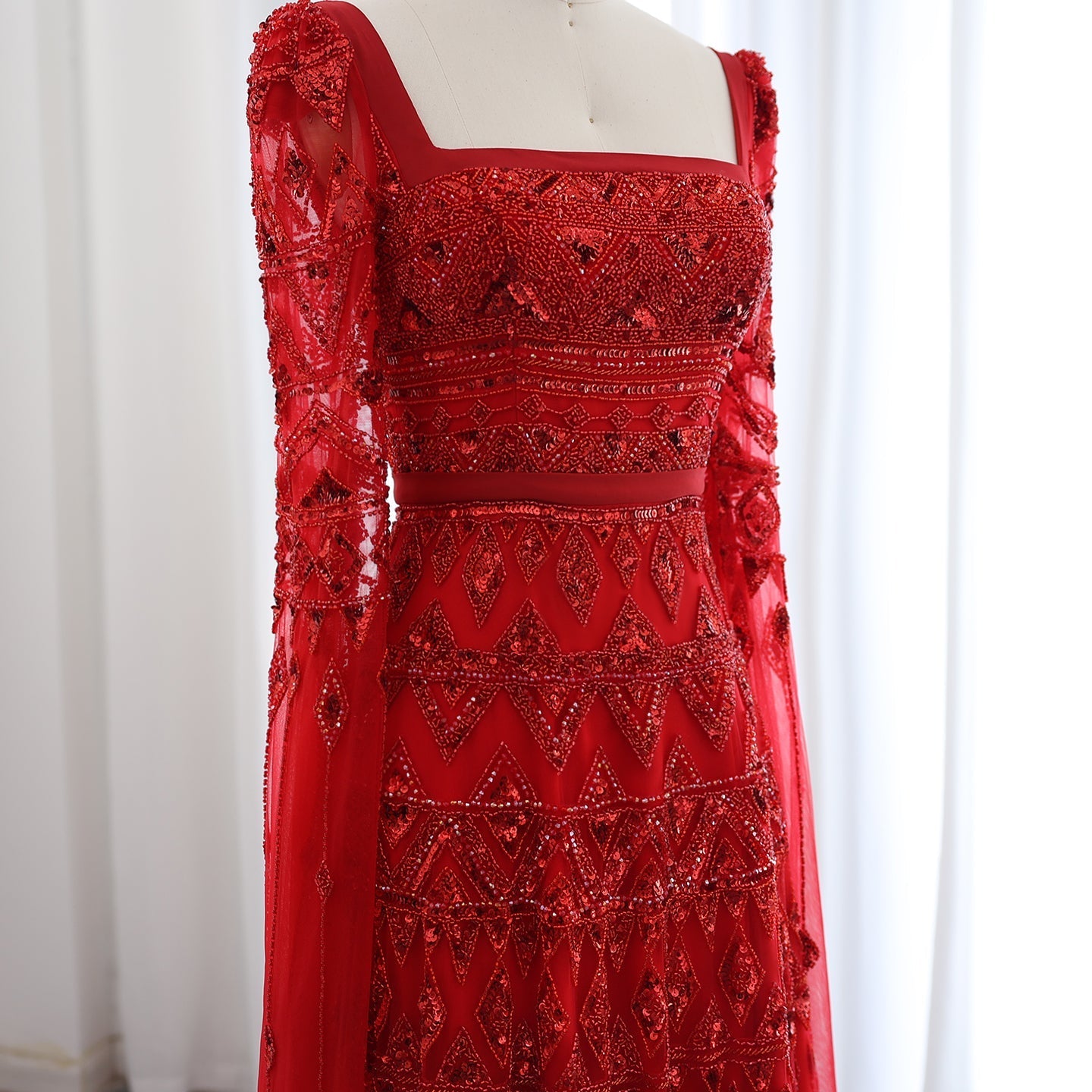 Luxury Wine Red Square Neck Evening Dress with Cape Sleeves SS461