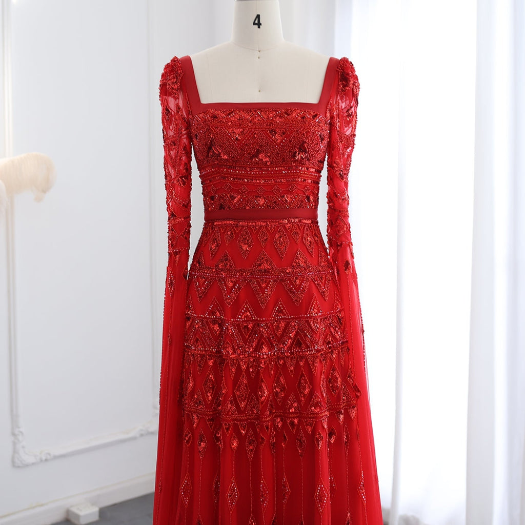 Luxury Wine Red Square Neck Evening Dress with Cape Sleeves SS461