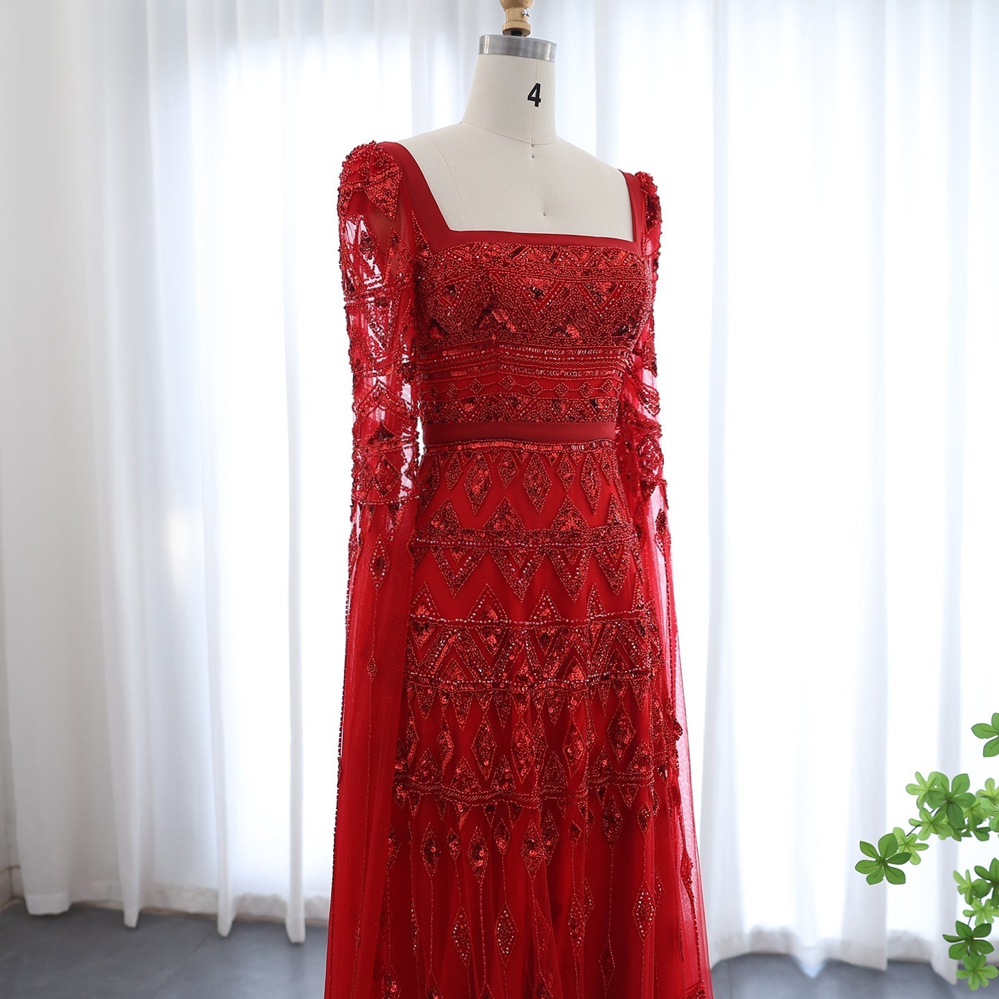 Luxury Wine Red Square Neck Evening Dress with Cape Sleeves SS461