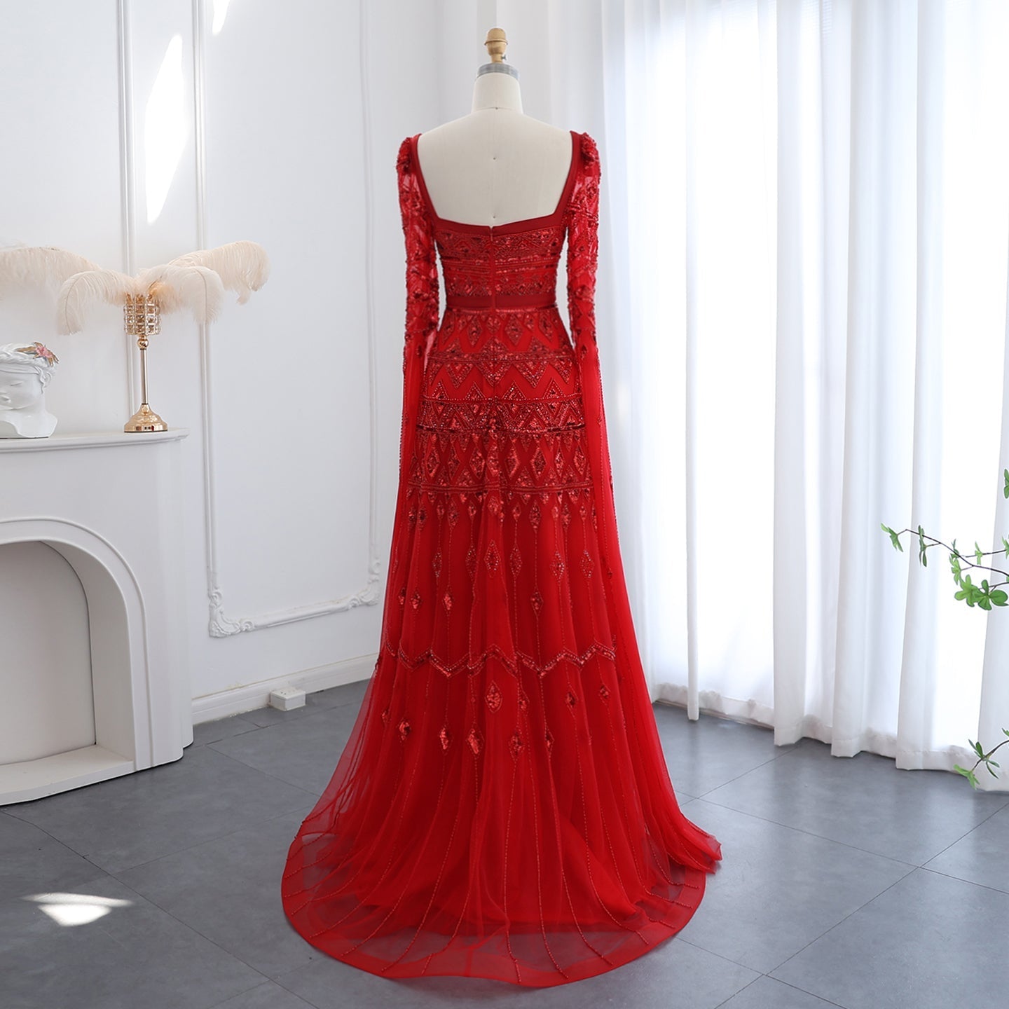 Luxury Wine Red Square Neck Evening Dress with Cape Sleeves SS461