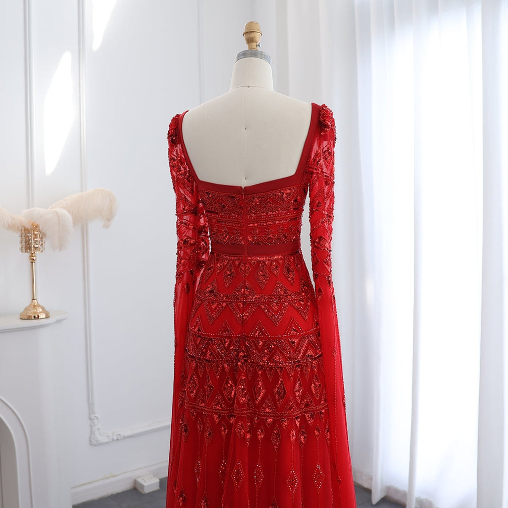 Luxury Wine Red Square Neck Evening Dress with Cape Sleeves SS461