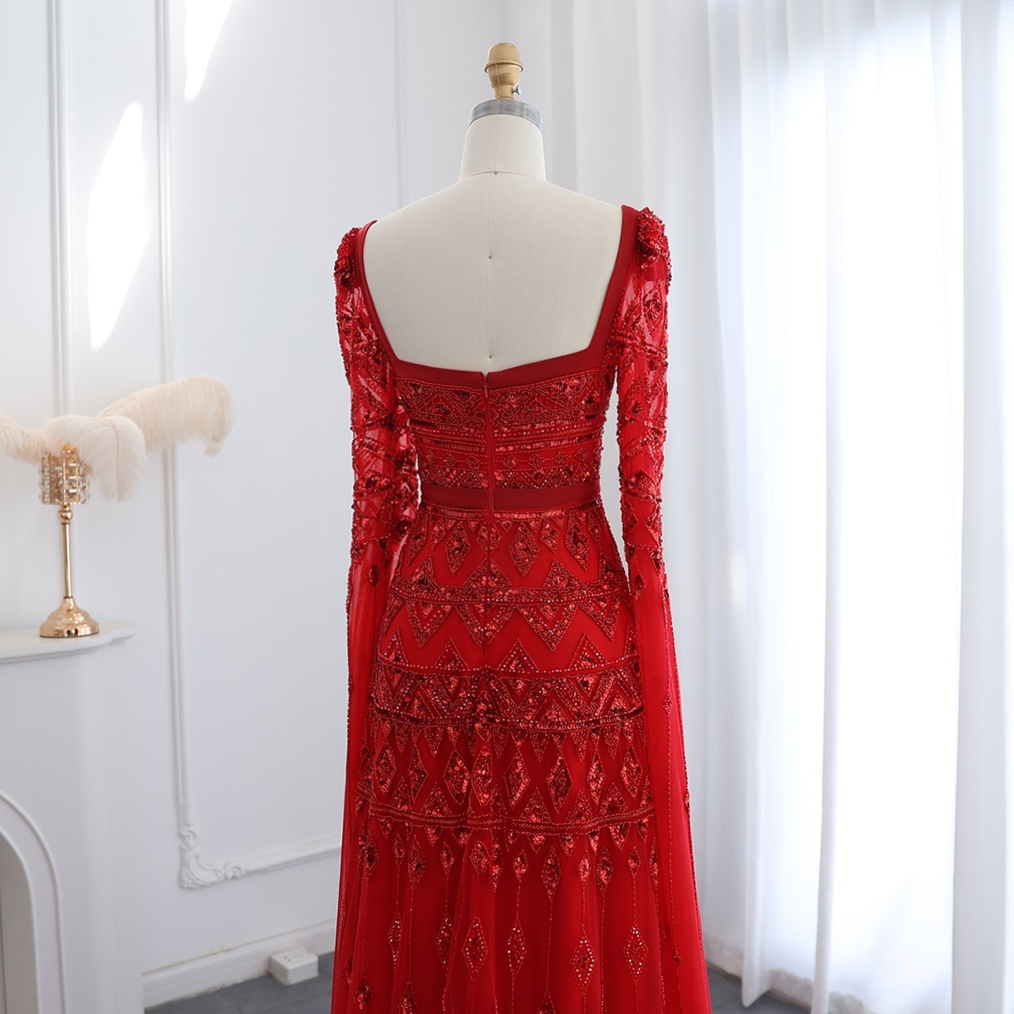 Luxury Wine Red Square Neck Evening Dress with Cape Sleeves SS461
