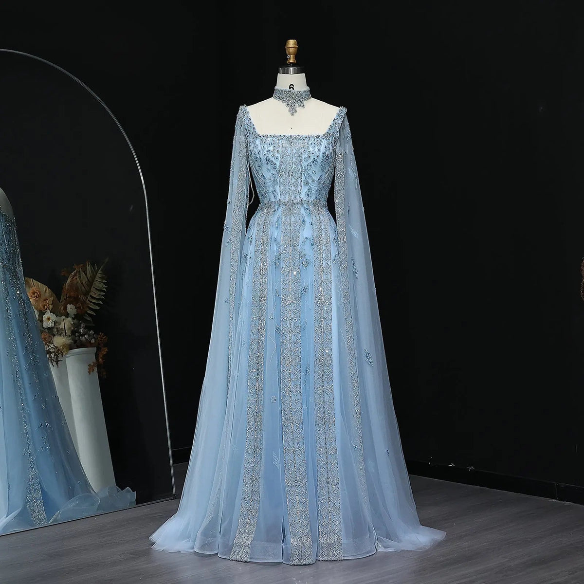 Luxury Nude Evening Dress with Cape Sleeves Chocker SS543