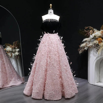 Luxury Black and Pink 3D Floral Feather Strapless Evening Dress SS721