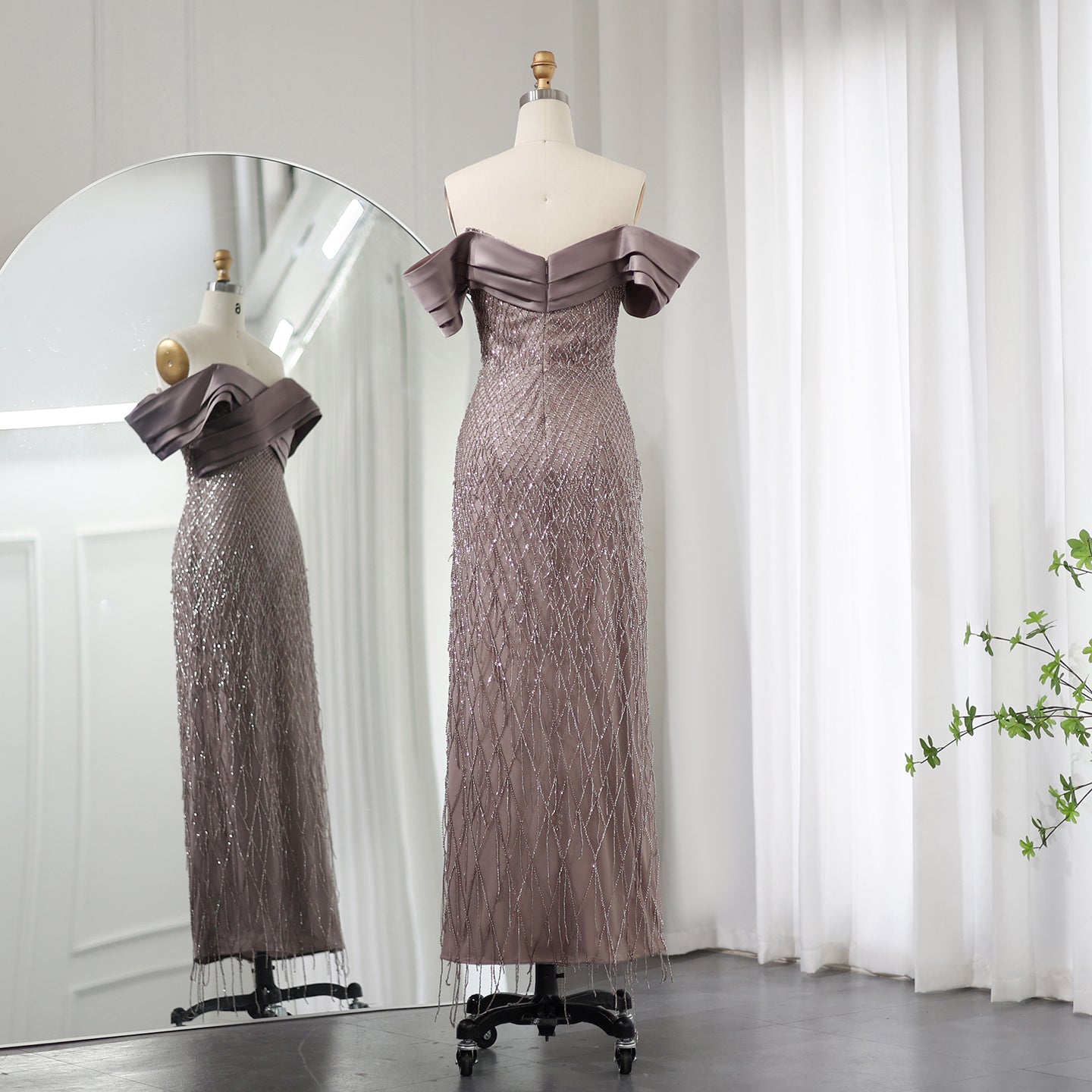Elegant Tassel Sage Green Off Shoulder Evening Dress SS667